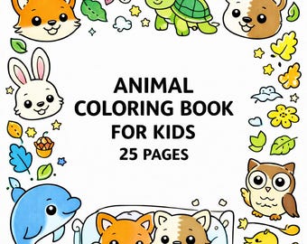 Libro para colorear de animales para niños / Dibujos para colorear de animales tiernos / Líneas grandes fáciles / PDF imprimible / Preescolar / Descarga instantánea