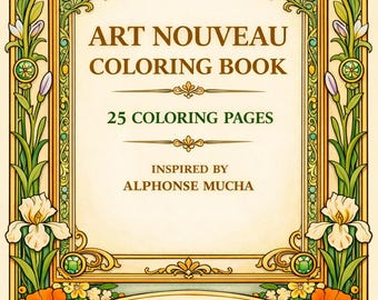 Libro para colorear Art Nouveau inspirado en Mucha, arte lineal vintage (PDF, 25 páginas)