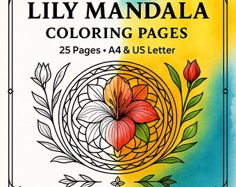 Dibujos de mandalas de lirios para colorear – 25 diseños florales, libro para colorear para adultos (descarga instantánea, A4 + Carta)