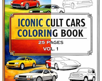 Páginas para colorear de coches clásicos y JDM / 25 hojas imprimibles (PDF)