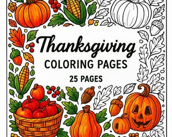 Páginas para colorear de Acción de Gracias para imprimir, paquete de cosecha de otoño, 25 hojas en PDF