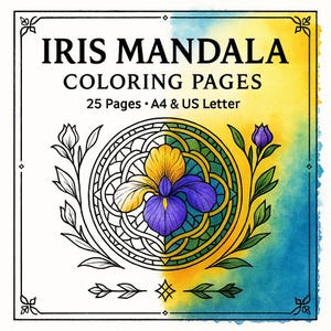 May include: An Iris Mandala coloring book cover with the text "IRIS MANDALA COLORING PAGES". The design features a detailed iris flower in yellow and purple, surrounded by a green and gold circular frame. The background has a watercolor effect in yellow and blue.
