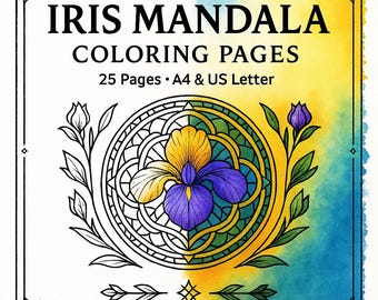 Dibujos de mandalas de iris para colorear - 25 diseños florales imprimibles (Descarga digital, PDF, A4 + Carta)