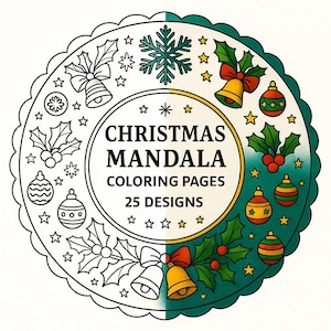 Può includere: Una copertina circolare di un libro da colorare con mandala natalizi. Il design presenta un bordo smerlato, con uno schema di colori a metà bianco e verde acqua. Il testo recita "Christmas Mandala Coloring Pages 25 Designs". Il design include campane, stelle e ornamenti.