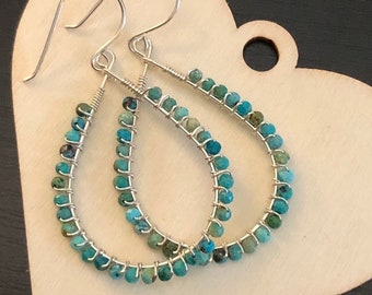 Genuine Blue/Green Turqouise Gemstone and Wire Wrapped Sterling Silver Teardrop Earrings, December birthstone