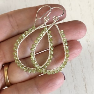 Natural Peridot and Wire Wrapped Sterling Silver Teardrop Earrings, August birthstone jewelry