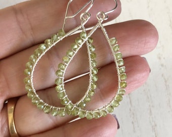 Natural Peridot and Wire Wrapped Sterling Silver Teardrop Earrings, August birthstone jewelry