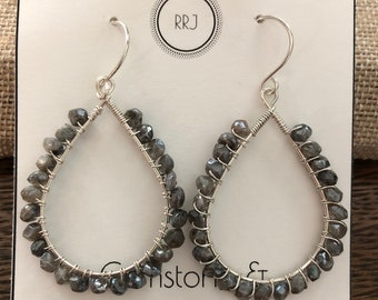 Dark Labradorite and .925 Sterling Silver wire wrapped teardrop earrings