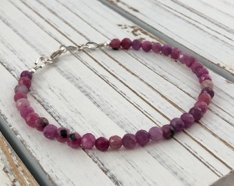 Natural Pink Red Ruby bracelet with Sterling Silver clasp, July birthstone jewelry
