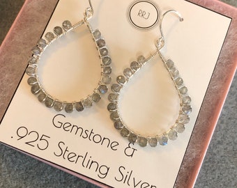 AAA Quality Labradorite and .925 Sterling Silver wire wrapped teardrop earrings