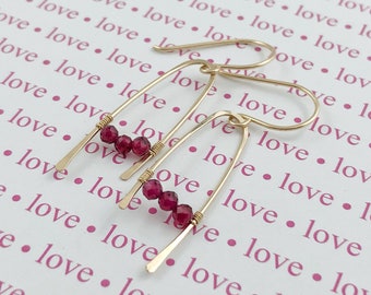 Ruby and Gold Filled Wire Dangle Earrings, July Birthstone