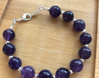 Amethyst Gemstone and silver tone bracelet, February birthstone jewelry