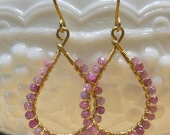 Natural Red Pink Ruby & 14K Goldfilled Wire Wrapped Teardrop Earrings