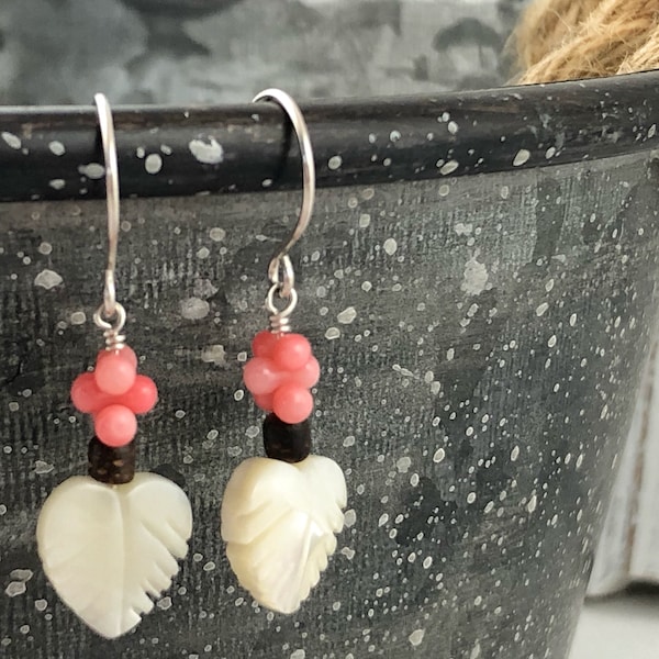 Mother of Pearl and Coral with Sterling Silver Earrings, Nacre Jewelry