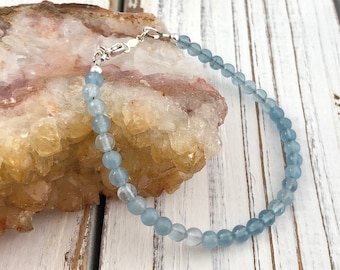 Natural Blue Aquamarine gemstone bracelet with Sterling Silver clasp, March birthstone jewelry