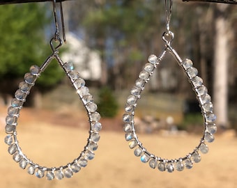 A Quality Labradorite Gemstone and Wire Wrapped Sterling Silver Teardrop Earrings