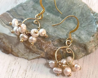 Freshwater Pearl and gold copper swirl dangle earrings