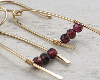 Garnet and 14K Gold Filled Wire Dangle Earrings, January Birthstone jewelry