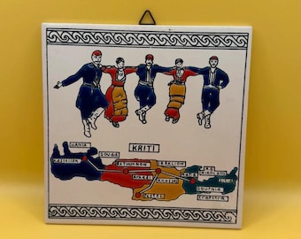1972 Vintage Handmade Greek Ceramic Wall Tile by Tassoulis Eliki - Cretan Dancers &amp; Map