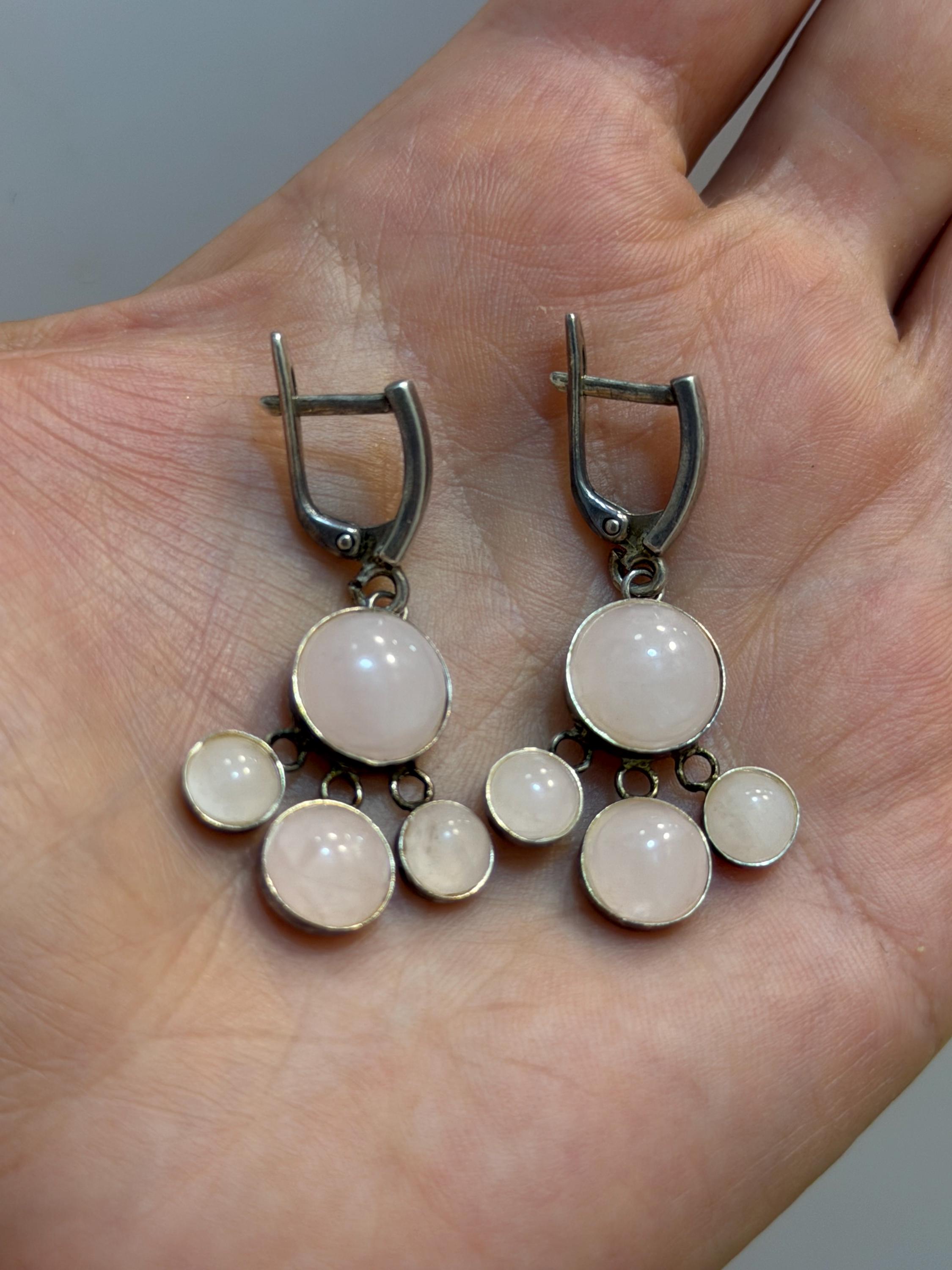 Vintage from 60s Natural Rose Quartz Cluster Dangle Earrings sterling silver image 7