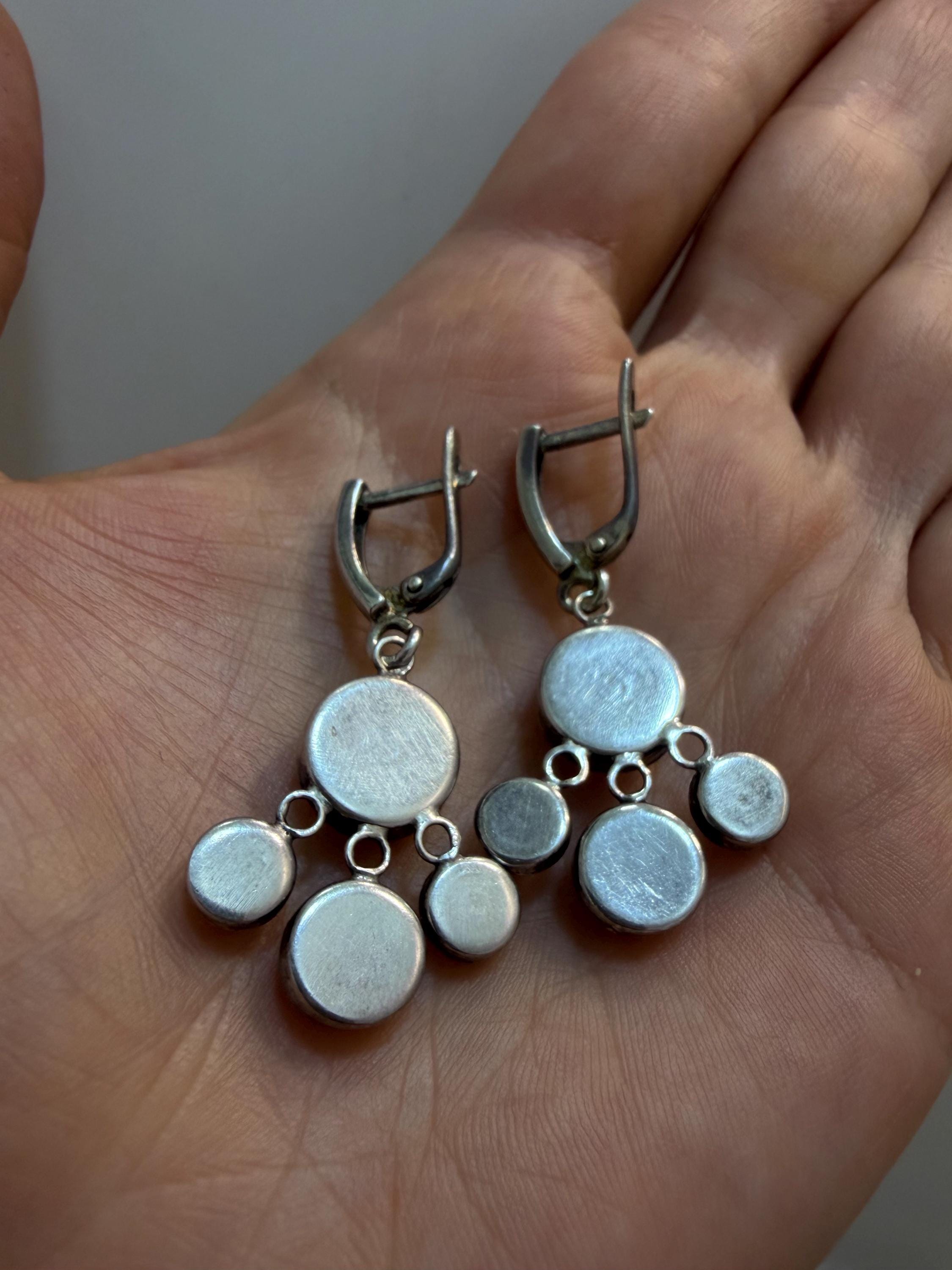 Vintage from 60s Natural Rose Quartz Cluster Dangle Earrings sterling silver image 10