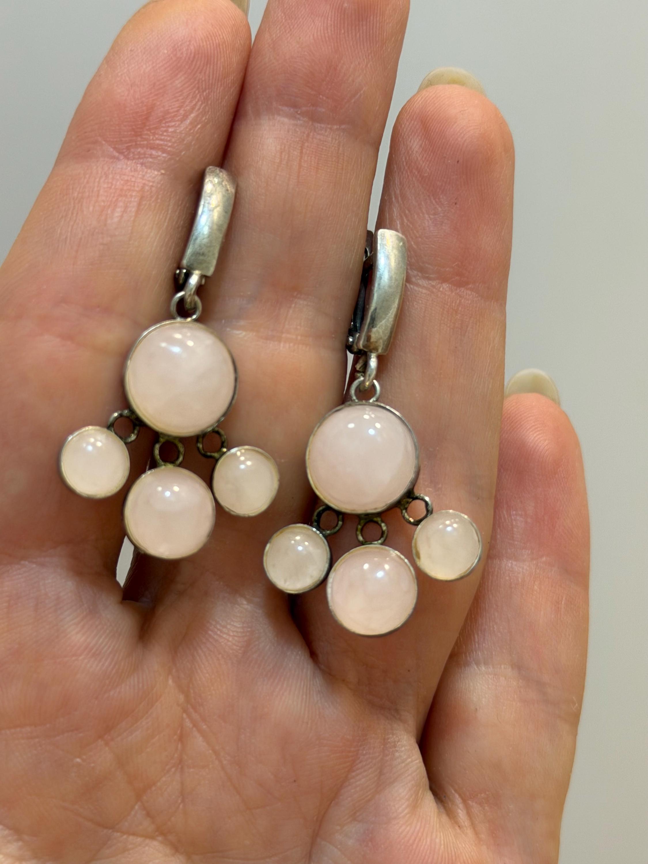 Vintage from 60s Natural Rose Quartz Cluster Dangle Earrings sterling silver image 8