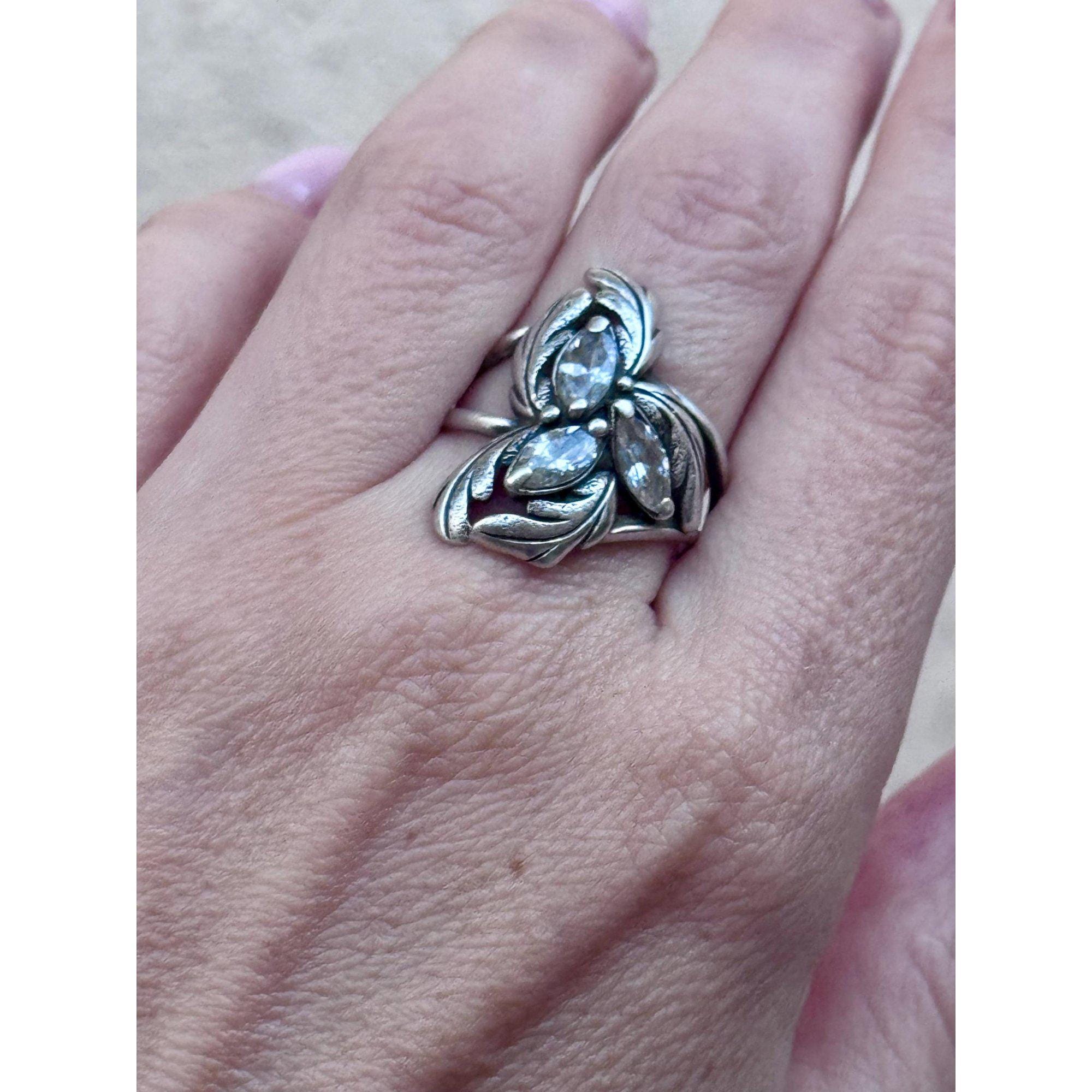 Exquisite Vintage Soviet Sterling Silver Ring, Three Large Cubic Zirconia Stones ,Size V 1/2