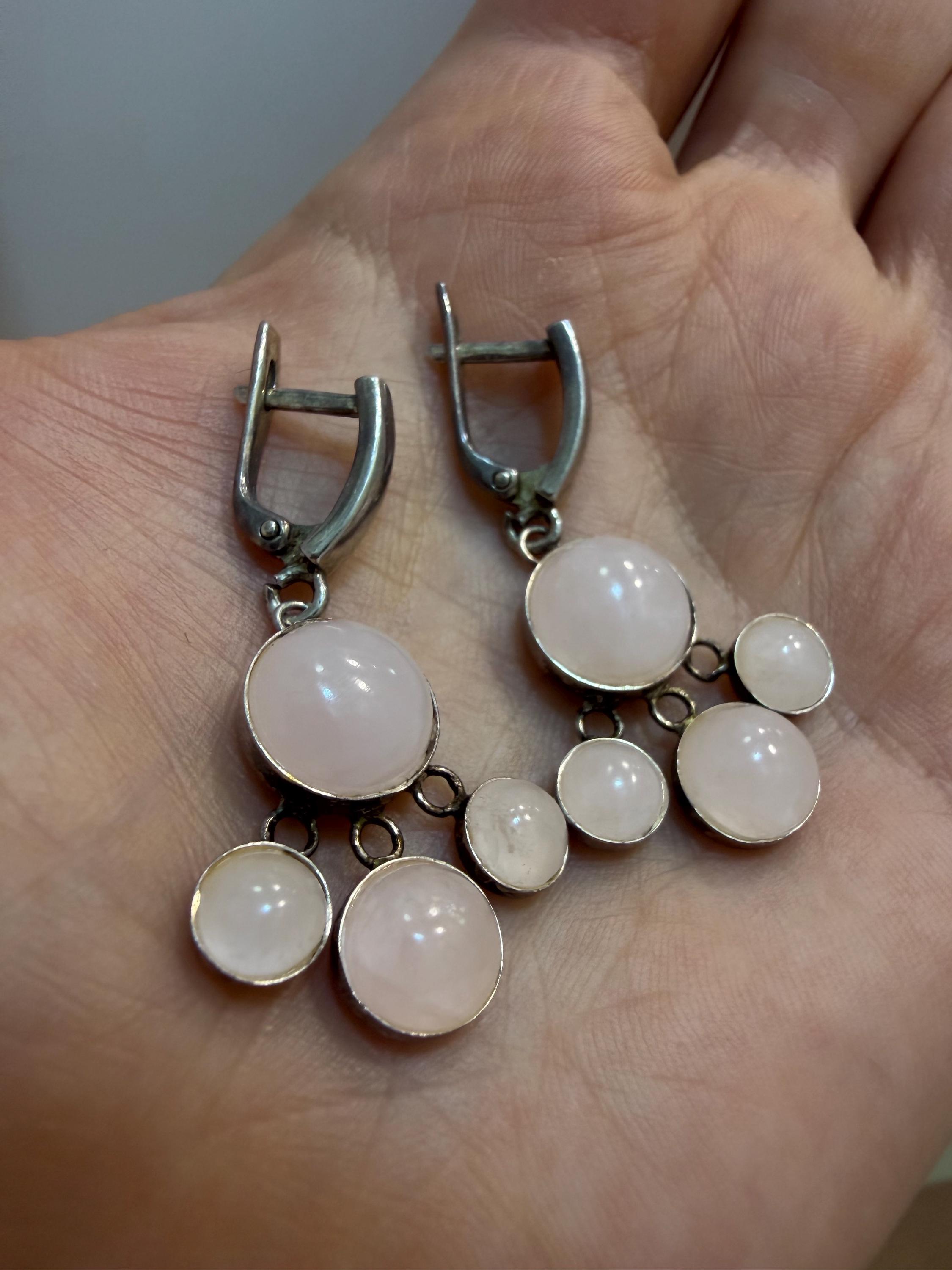 Vintage from 60s Natural Rose Quartz Cluster Dangle Earrings sterling silver image 9