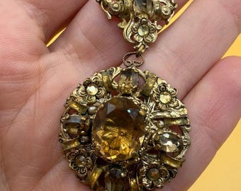 Vintage 40's Art Nouveau Gold Wash Brass Oak Leaf Amber Glass Necklace
