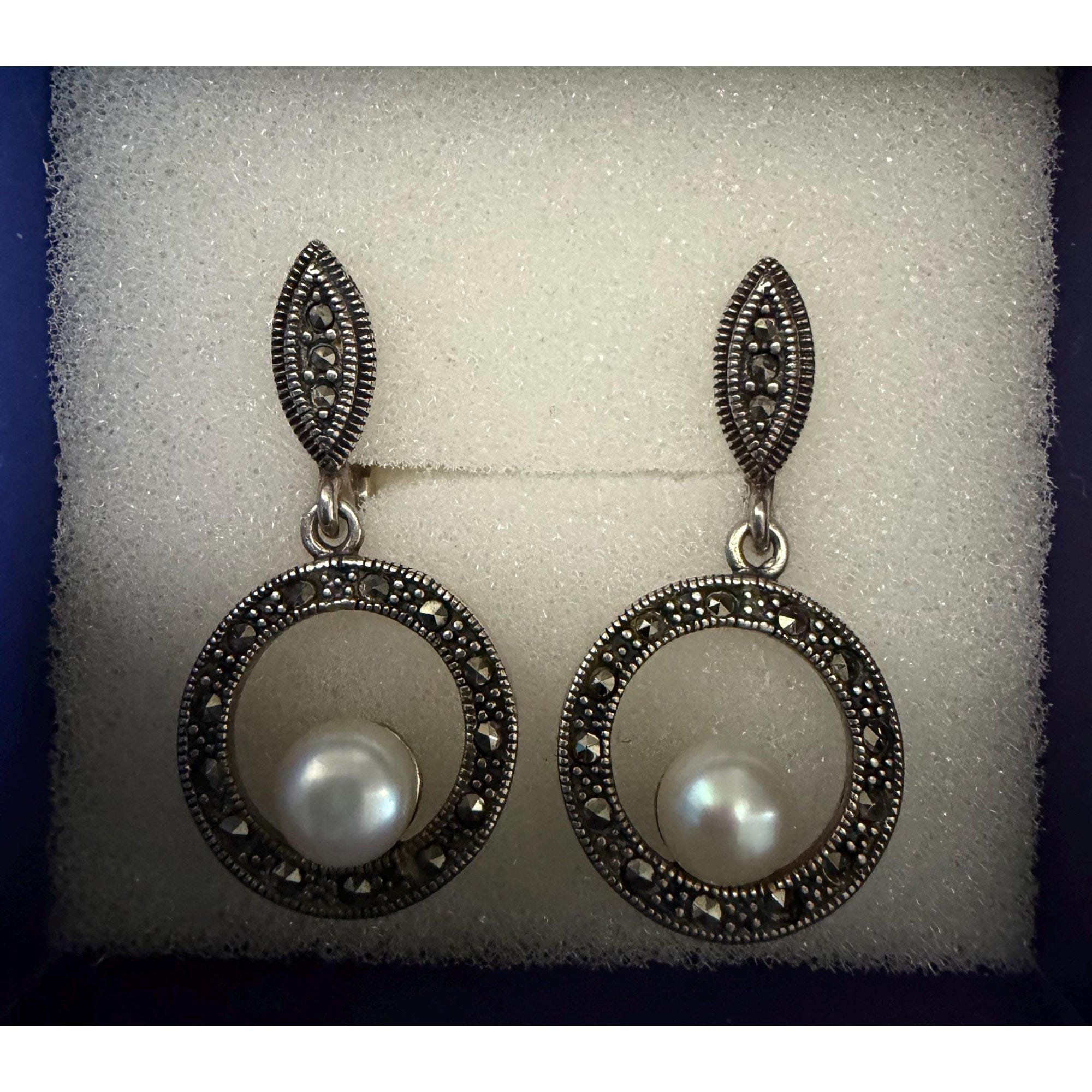Silver Marcasite Pearl Dangle Earrings - Vintage Style Jewelry