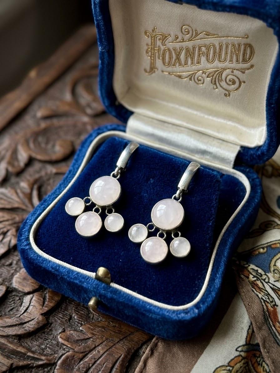 Vintage from 60s Natural Rose Quartz Cluster Dangle Earrings sterling silver