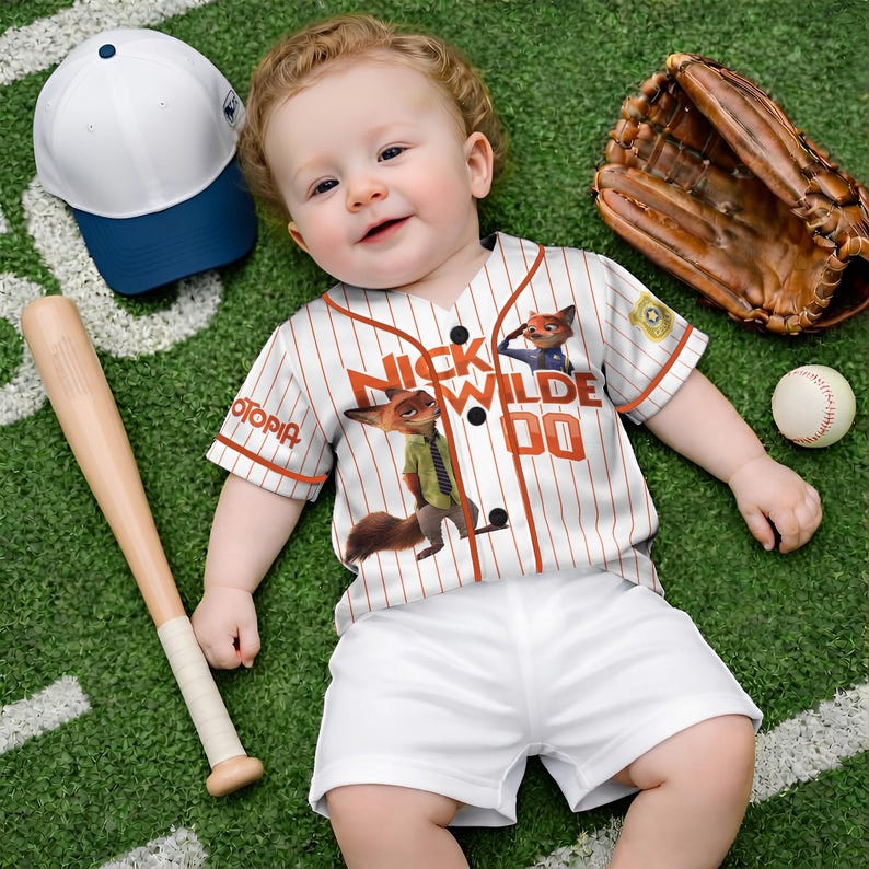 May include: A baby wearing a baseball-style jersey and white shorts, lying on a green field. The jersey is white with red pinstripes and features the text "Nick Wilde Do" and cartoon fox characters. A baseball bat, glove, ball, and cap are nearby.