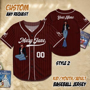 May include: Maroon baseball jersey with white pinstripes, featuring a cartoon illustration and the name "Mary Jane" with the number "00". The jersey has the text "CUSTOM ANY REQUEST" and "KID/YOUTH/ADULT BASEBALL JERSEY".