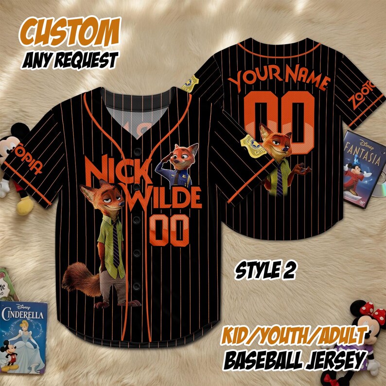 May include: Black baseball jersey with orange pinstripes and accents. Features the text "Nick Wilde 00" and a cartoon fox character. The back of the jersey has the text "Your Name 00" and a cartoon fox character. The text "Custom Any Request" is at the top.
