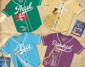 Gepersonaliseerde Disney-prinses honkbaltrui, shirt Elsa Ariel Rapunzel, aangepaste naam familie bijpassende reis outfit cadeau