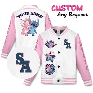 May include: White and pink varsity jacket featuring Stitch and Angel characters. The jacket has a "SA" logo and the text "YOUR NAME" on the back. The sleeves are pink with the word "ANGEL" printed on them. The jacket also has the text "CUSTOM Any Request".