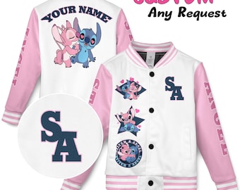 Chaqueta de béisbol personalizada de Disney Lilo & Stitch, Stitch Angel Jumba Pleakley Group, equipo de béisbol universitario para niños, jóvenes y adultos, chaquetas de Stitch Group