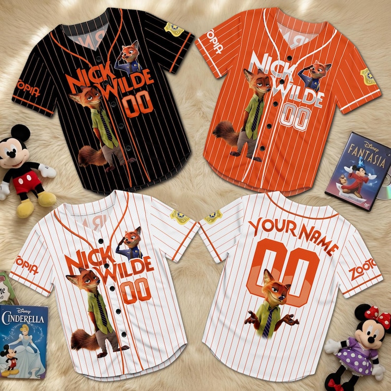 May include: Four baseball jerseys featuring the character Nick Wilde from Zootopia. The jerseys are black, orange, and white with red pinstripes. Each jersey has the name "Nick Wilde" and the number "00" on the front. One jersey has "Your Name" on the back.