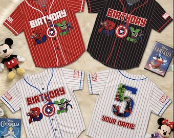 Gepersonaliseerde Marvel-feesthonkbaljersey, aangepaste naamnummer superheld verjaardagsshirt, kinderverjaardagsoutfit