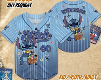 Custom Stitch Easter Bunny Baseball Jersey, Personalized Name Number Stitch Easter Egg Shirt, Disney Family Trip Easter Jersey
