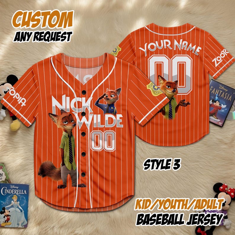 May include: Orange baseball jersey with white pinstripes, featuring Nick Wilde from Zootopia. The jersey has the text "NICK WILDE 00" on the front and "YOUR NAME 00" on the back. Additional text includes "CUSTOM ANY REQUEST" and "KID/YOUTH/ADULT BASEBALL JERSEY".