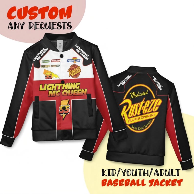 May include: A black, red, and white baseball jacket featuring Lightning McQueen graphics. The front displays "Lightning McQueen" and "95" with a "Rusteze" logo. The back has a "Rusteze" logo and text. The jacket is available in kid, youth, and adult sizes.