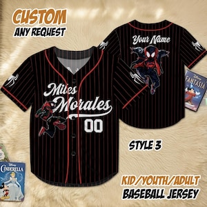 May include: Black baseball jersey with red pinstripes, featuring "Miles Morales" and the number "00". The jersey has a graphic of a superhero and the text "CUSTOM ANY REQUEST". The back says "Your Name".