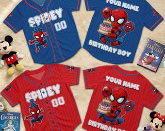 Honkbaljersey Spidey Friends, gepersonaliseerd naamnummer superheldshirt, verjaardagscadeau familie bijpassende feest
