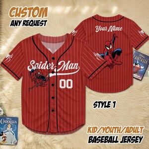 May include: Red pinstripe baseball jersey with "Spider-Man" and "00" on the front. The back features "Your Name" and a Spider-Man graphic. The jersey is labeled "Style 1" and "Kid/Youth/Adult Baseball Jersey."