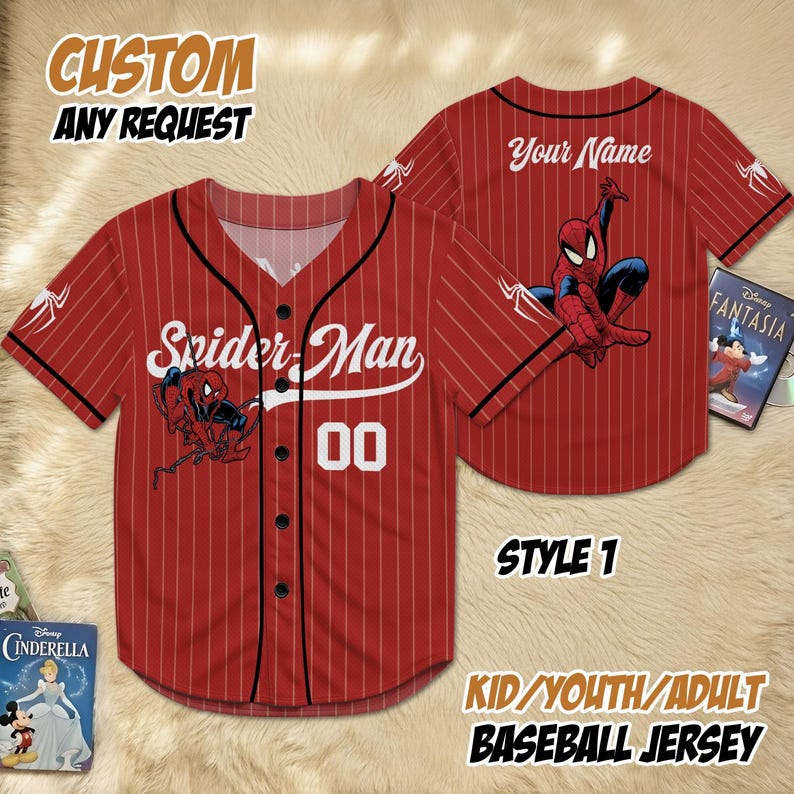 May include: Red pinstripe baseball jersey with "Spider-Man" and "00" on the front. The back features "Your Name" and a Spider-Man graphic. The jersey is labeled "Style 1" and "Kid/Youth/Adult Baseball Jersey."