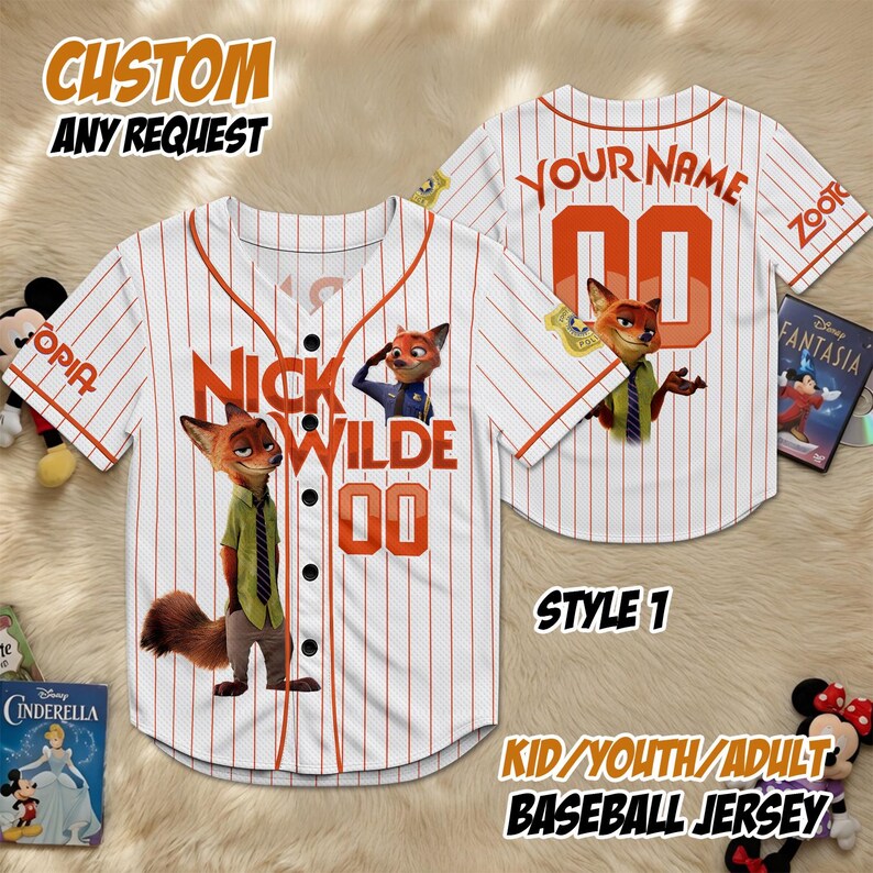 May include: White baseball jersey with red pinstripes, featuring the text "NICK WILDE 00" and a cartoon fox character. The jersey also has the text "YOUR NAME" and "ZOOTO" on the back. The text "CUSTOM ANY REQUEST" and "KID/YOUTH/ADULT BASEBALL JERSEY" are also visible.