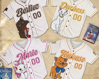 Honkbalshirt Aristocats Marie, gepersonaliseerd Disney Cat-shirt, shirt hertogin Toulouse Berlioz, aangepaste naam familie-uitje