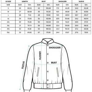 May include: Diagram of a baseball jacket with measurements in inches and centimeters. The chart shows US sizes S to 5XL, with corresponding length, bust, shoulder, and sleeve measurements. Text at the top reads "ALL- OVER PRINT BASEBALL JACKET."