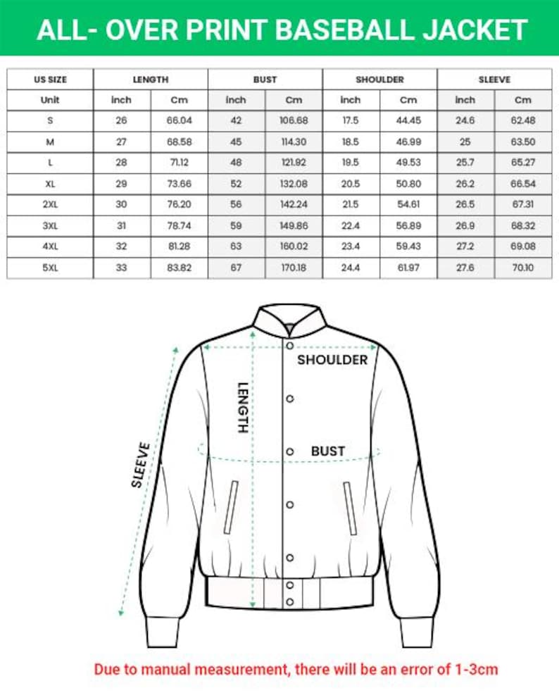 May include: Diagram of a baseball jacket with measurements in inches and centimeters. The chart shows US sizes S to 5XL, with corresponding length, bust, shoulder, and sleeve measurements. Text at the top reads "ALL- OVER PRINT BASEBALL JACKET."